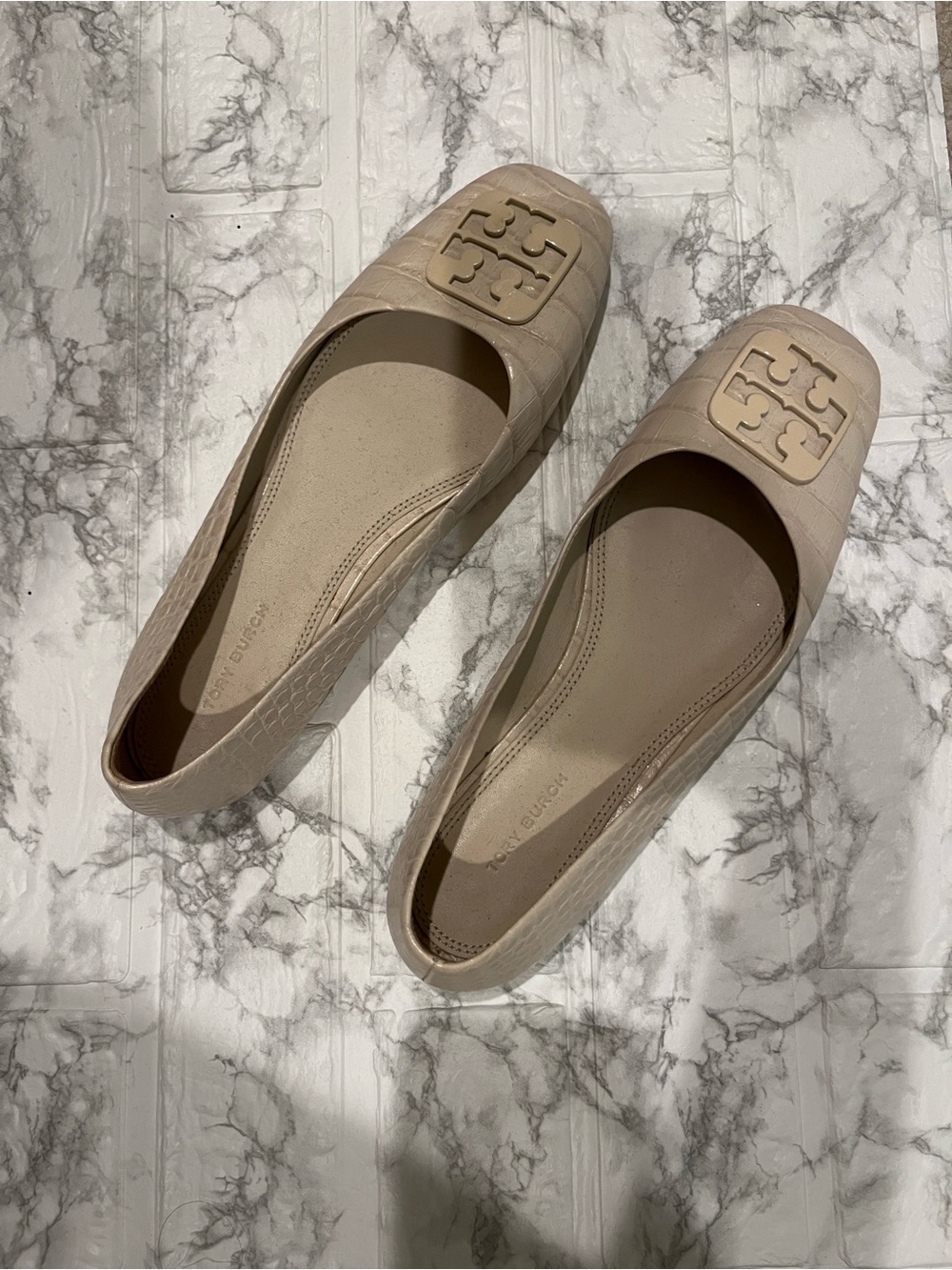 Tory Burch Georgia Square Toe Ballet Flats New Cream Croc Leather Size 8.5M - Picture 4 of 4